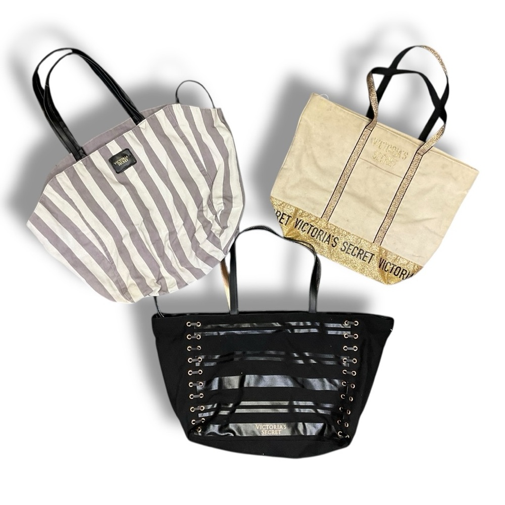 🖤 Victoria’s Secret Tote Bag Bundle | 3-Piece Glam, Gold & Stripe Travel Set